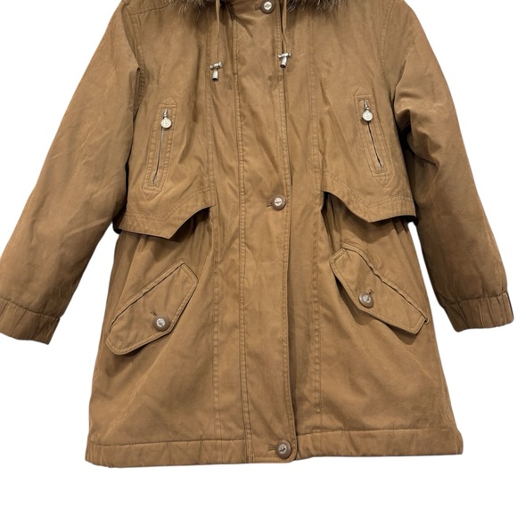 Bernardo Faux Suede Fall Winter Coat Size Small Raccoon Fur Trim Hood Womens - Picture 4 of 16